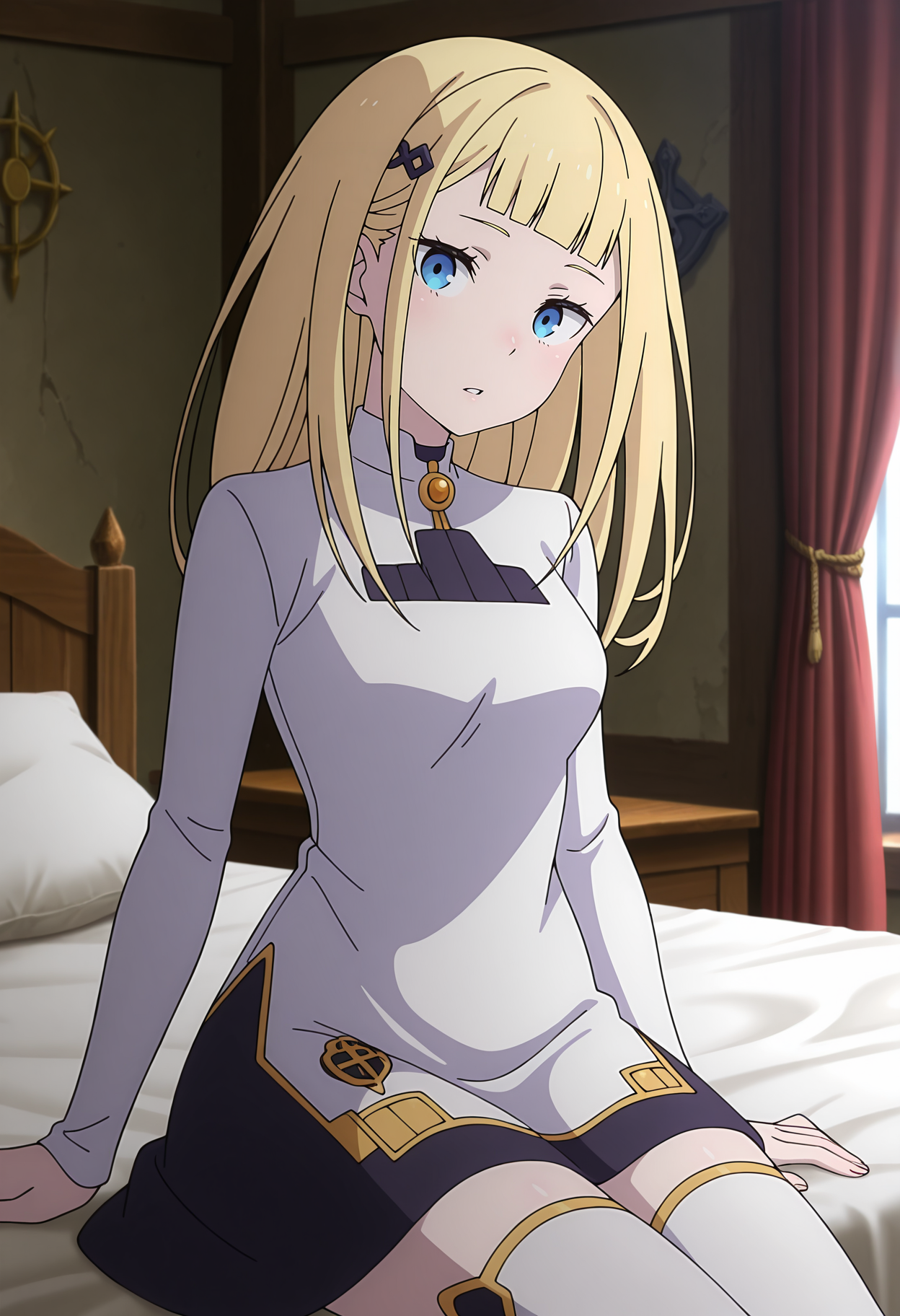 anime screencap, masterpiece, best quality,
<lora:ReZero_Sylphy_IlluXL:0.9>,
1girl, solo, parted lips, head tilt,
blunt bangs, long hair, blonde hair, blue eyes, hairclip,
collared dress, brooch, short dress, multicolored dress, white dress, black dress, long sleeves, white thighhighs,
sitting, on bed, looking at viewer, 
indoors, pillow, curtains, medieval, photo background, blurry background