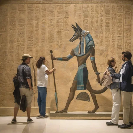 turists visiting the cairo museum seeing an egyptian tomb mural of a <lora:stargateJackal-SDXL:1.0> stargateJackal,