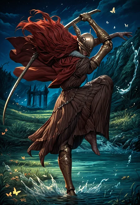 score_9, score_8_up, score_7_up, 1girl, detailed, MaleniaDef, red hair, covered eyes, helmet, fur trim, brown dress, red cape, armor, single scar on arm, single mechanical arm, mechanical leg, <lora:Malenia_pdxl_Incrs_v2:1>, full body, holding sword, standing on one leg, in air, outdoors, sword, weapon, butterfly, water, splashing, grass, night, dark, dark enviroment,