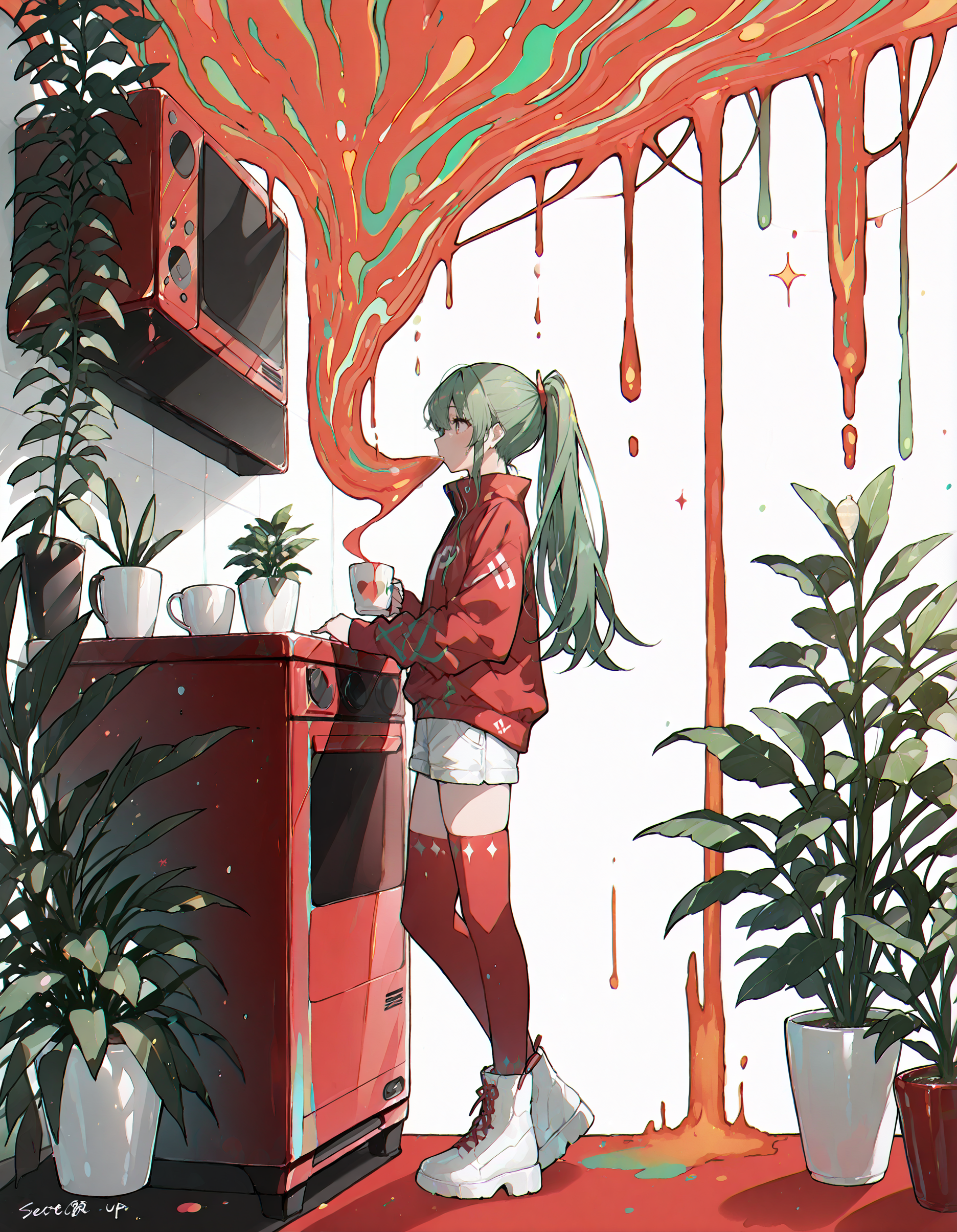 score_9, score_8_up, score_7_up, score_6_up,masterpiece,best quality, absurdres,colourful, white, red, black, red, trippy,white background,  1girl, thighhighs, solo, long hair, white footwear, ponytail, shorts, cup, green hair, plant, <lora:soup_perfect:1.2>, <lora:f3nn3rXLP:0.8>, <lora:Abstract:0.4>,