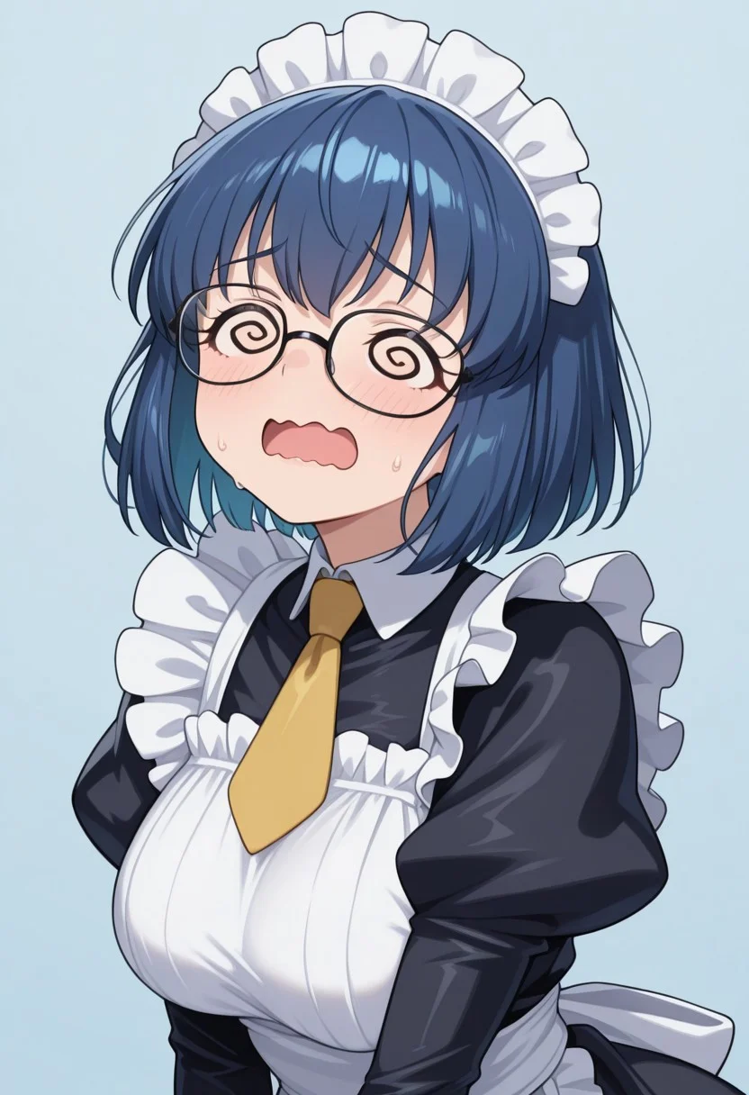 1girl,solo,cute,
Sachie Murata blue hair, short hair, blue eyes, glasses
maid, maid apron, maid headdress, thigh boots, yellow necktie
spiral-only eyes, @ @, closed eyes, defeat, dizzy, open mouth, raised inner eyebrows,wavy mouth,
looking at viewer,portrait
Simple blue background,(soft focus:1.3),
masterpiece, amazing quality, best quality, ultra-detailed, 8K, illustration, CG, shiny hair, clear skin, ultra-detailed-eyes, eyelashes, highly detailed,