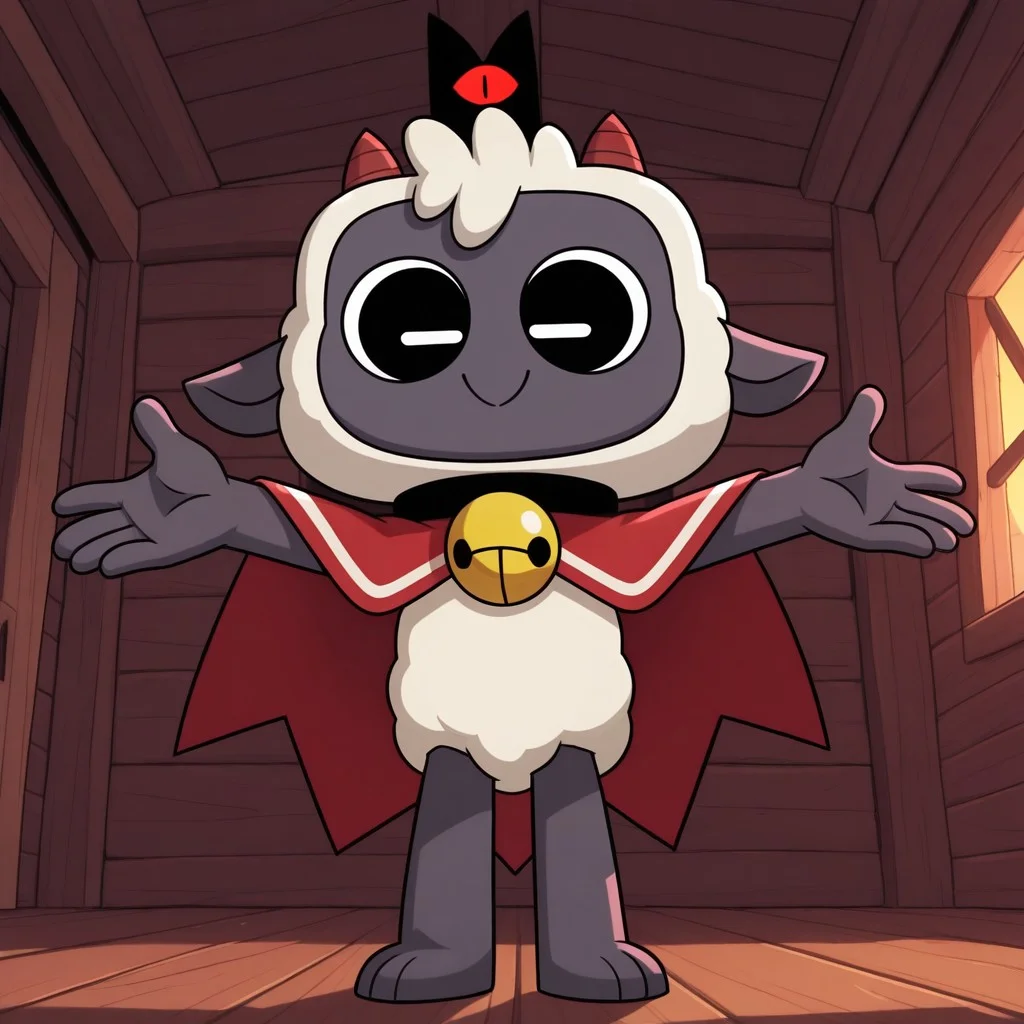 masterpiece, best quality, amazing quality, official style, l4mb3rt, male, furry male, anthro, solo, lamb, grey skin, white wool, black eyes, horizontal pupils, small red horns, small ears, short, black crown, eye on crown, black collar, bell, red cape, standing, smile, arms outstretched, indoors, cabin, dark