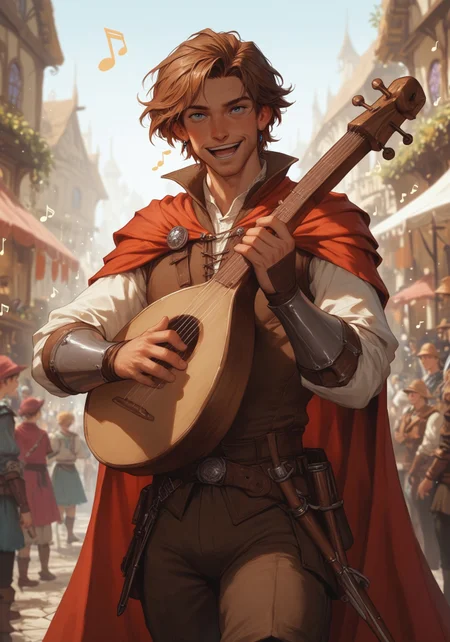 SCORE_9, SCORE_8_UP, SCORE_7_UP, SCORE_6_UP, SCORE_5_UP, g0thicPXL, Expressiveh, PRSNL4, fantasy, medieval, BREAK solo_focus, volumetric lighting, cowboy shot, looking at viewer, Lute, playing instrument, ((musical notes)), BREAK 1boy, 40 years old, male bard, mature male, brown hair, short hair, clean shaven, dark blue eyes, white shirt, long sleeves, red vest, red shoulder cape, brown leather pants, brown vambraces, brown boots, singing, happy, medieval fantasy city, market, festival, ((crowded)), crowded market, musical notes,