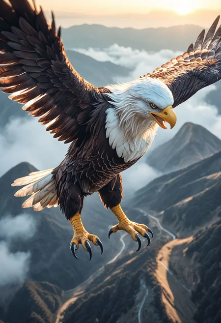 SmoothNoob_Quality, close-up, bald eagle, flying, white feathers, wings, mountainous horizon, landscape, open claws, <lora:Smooth_Booster:0.5>āāā