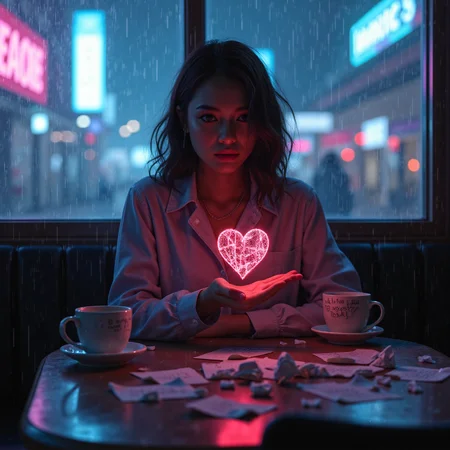 A melancholic cyberpunk-inspired scene of a young woman sitting alone in a dimly lit neon café, rain pouring outside. Her eyes reflect a shattered heart hologram hovering above her palm, flickering with static. Empty coffee cups and crumpled love notes cover the table. The atmosphere is drenched in moody blues, purples, and neon pinks. Detailed cinematic lighting, realistic reflections, and a cyber-noir aesthetic inspired by Blade Runner. <lora:realism_lora:0.9>, aidmarealisticskin <lora:aidmaRealisticSkin:0.8>, <lora:bv-cybstyenh-v1_rank16_bf16:0.6>