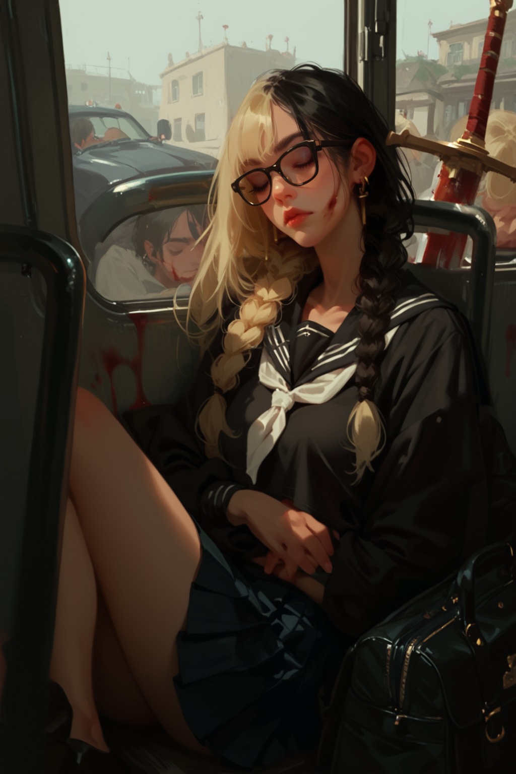 braid, twin braids, school uniform, glasses, weapon, serafuku, 1girl, skirt, sitting, earrings, black serafuku, jewelry, black skirt, long hair, blood, solo, sword, black-framed eyewear, bag, neckerchief, sailor collar, jacket, shirt, hair over shoulder, off shoulder, black shirt, pleated skirt, black hair, white neckerchief, closed mouth, lips, black sailor collar, blonde hair, (blood on clothes:1.2), bus interior, window, city street, cars, , streaked hair, sleeping, (blood1.2),, zPDXL3, detailxl,  Score_PnyReal, (lineless:1.5)