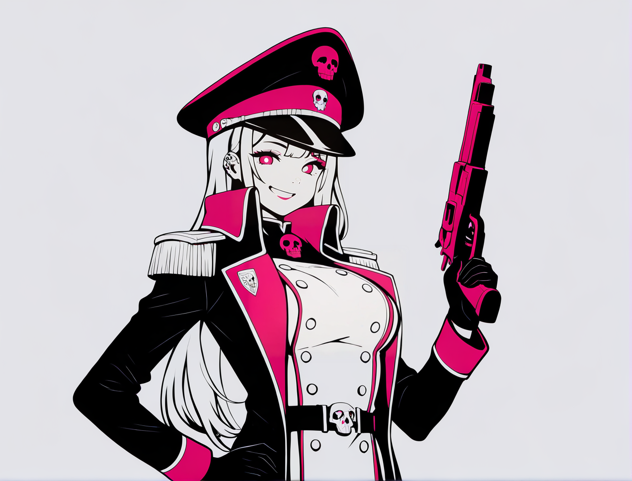 limited color palette,lineart,vector,white theme,magenta theme,1girl, solo, breasts, looking at viewer, magenta eyes,Marin Kitagawa, 
edgCommissar,  looking at viewer,  gloves, long sleeves, closed mouth, jacket,  belt, uniform, coat, black jacket, hand on hip,  black headwear, smile, epaulettes, black coat ,wearing edgCommissar,skull emblem,millitary uniform,hat,teeth,handgun,holding weapon,
 <lora:edgIllustriousXLCommissar-000004:1>
 <lora:edgIllustriousXL_Flatstylelr:1>