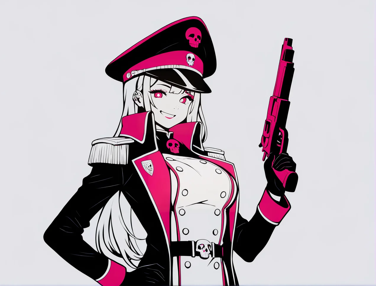 limited color palette,lineart,vector,white theme,magenta theme,1girl, solo, breasts, looking at viewer, magenta eyes,Marin Kitagawa,
edgCommissar, looking at viewer, gloves, long sleeves, closed mouth, jacket, belt, uniform, coat, black jacket, hand on hip, black headwear, smile, epaulettes, black coat ,wearing edgCommissar,skull emblem,millitary uniform,hat,teeth,handgun,holding weapon,
<lora:edgIllustriousXLCommissar-000004:1>
<lora:edgIllustriousXL_Flatstylelr:1>