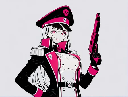 limited color palette,lineart,vector,white theme,magenta theme,1girl, solo, breasts, looking at viewer, magenta eyes,Marin Kitagawa,
edgCommissar, looking at viewer, gloves, long sleeves, closed mouth, jacket, belt, uniform, coat, black jacket, hand on hip, black headwear, smile, epaulettes, black coat ,wearing edgCommissar,skull emblem,millitary uniform,hat,teeth,handgun,holding weapon,
<lora:edgIllustriousXLCommissar-000004:1>
<lora:edgIllustriousXL_Flatstylelr:1>