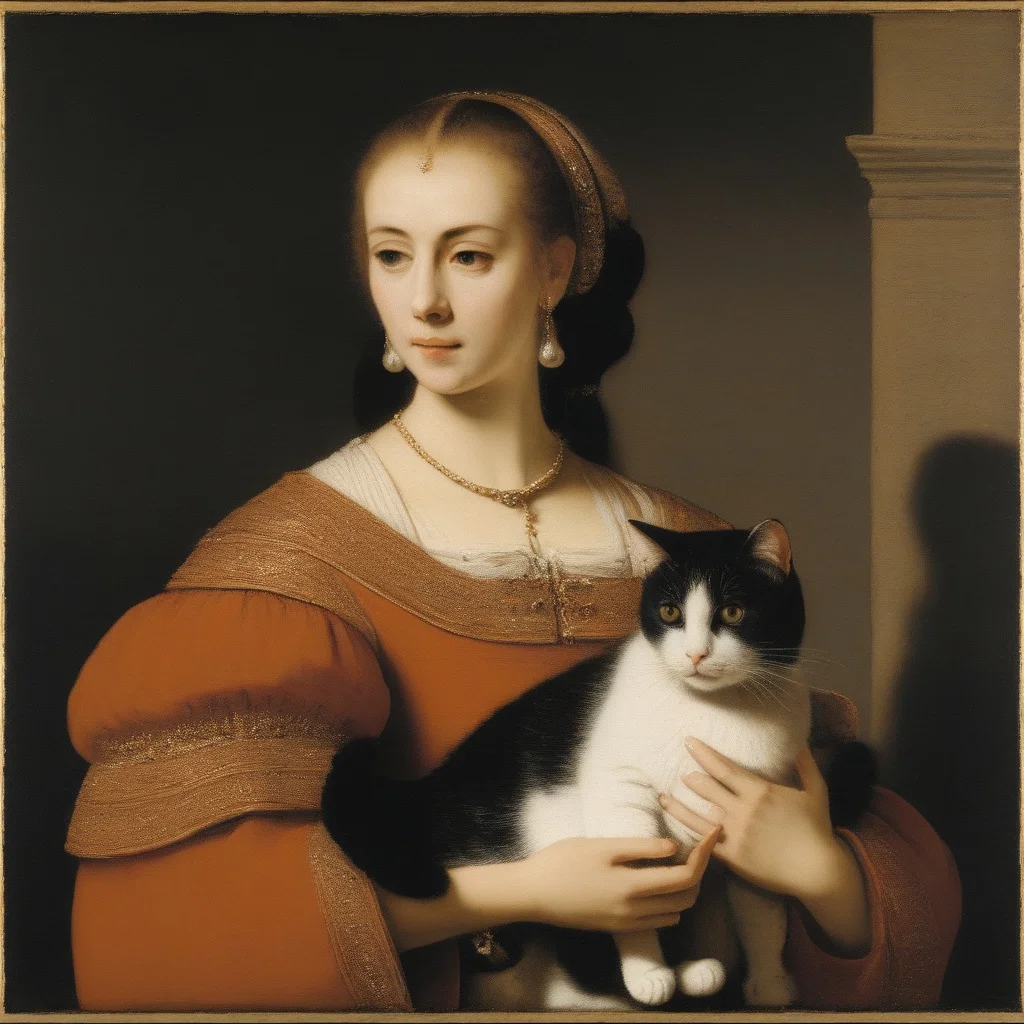 a painting of a woman holding a cat <lora:RembrandtXL_v1:1>