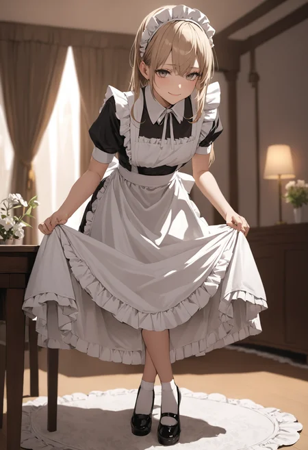 1girl, skirt hold bowing, crossed legs, leaning forward, light smile, maid apron, looking at viewer,
masterpiece, best quality, very aesthetic, absurdres
<lora:skirt_hold_bowing_sdxl_d16:1>