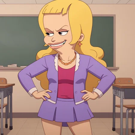 score_9, score_8_up, score_7, BREAK, l_skumpy, blonde hair, long hair, necklace, earrings, jacket, skirt, hands on hips, classroom, smirk