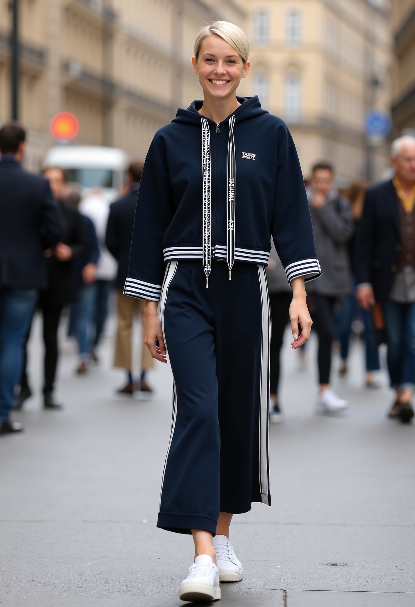 beautiful young woman, smiling, short blond hair, clo015, woman wearing a navy-blue hoodie with graphic ribbon details and white accents, wide trousers with side stripes and a bold text detail, white platform sneakers, walking along a crowded street, sunshine