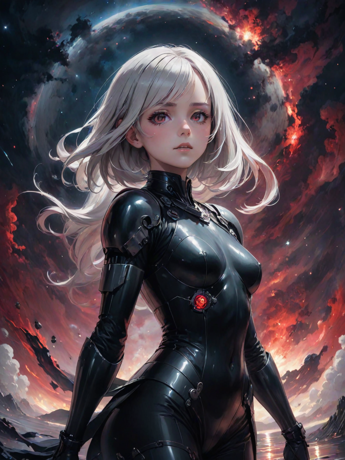 a quite night at the lake, by krenz cushart and mucha and akihito yoshida and greg rutkowski, nier:automata inspired, bravely default inspired, vibrant but dreary but upflifting red, black and white color scheme!!! space nebula background, highly detailed portrait, digital painting, artstation, concept art, smooth, <lora:LCM_LoRA_Weights:0.7>