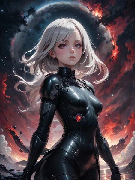 a quite night at the lake, by krenz cushart and mucha and akihito yoshida and greg rutkowski, nier:automata inspired, bravely default inspired, vibrant but dreary but upflifting red, black and white color scheme!!! space nebula background, highly detailed portrait, digital painting, artstation, concept art, smooth, <lora:LCM_LoRA_Weights:0.7>