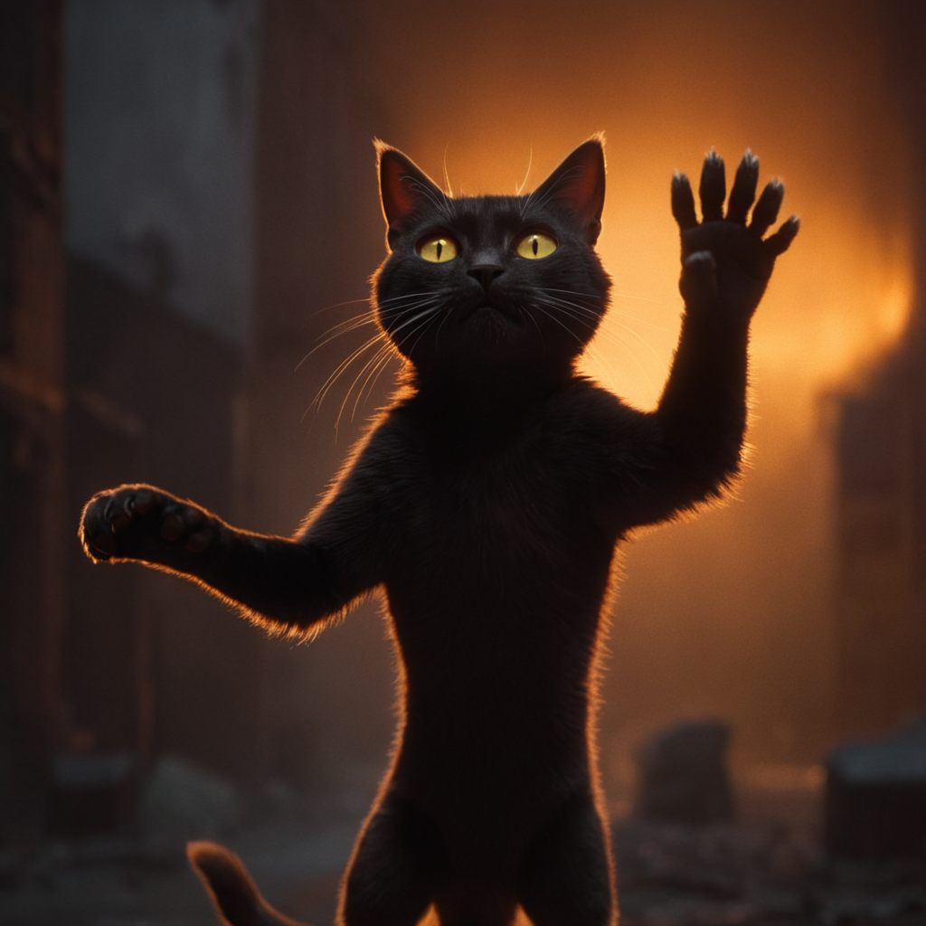 cinematic film still of  <lora:LoDe+Ro style:1>
a cat standing on its hind legs with its paw in the air,looking at viewer,closed mouth,blurry,orange eyes,no humans,depth of field,blurry background,animal,cat,slit pupils,colored sclera,realistic,animal focus,yellow sclera,whiskers,LoDe+Robots Style,Love Death + Robots style,Love,Death & Robots style,animated,horror,dark,black,apocalyptic,dystopian,domination , dramatic light, cyberpunk, LoDe+Ro style, shallow depth of field, vignette, highly detailed, high budget, bokeh, cinemascope, moody, epic, gorgeous, film grain, grainy