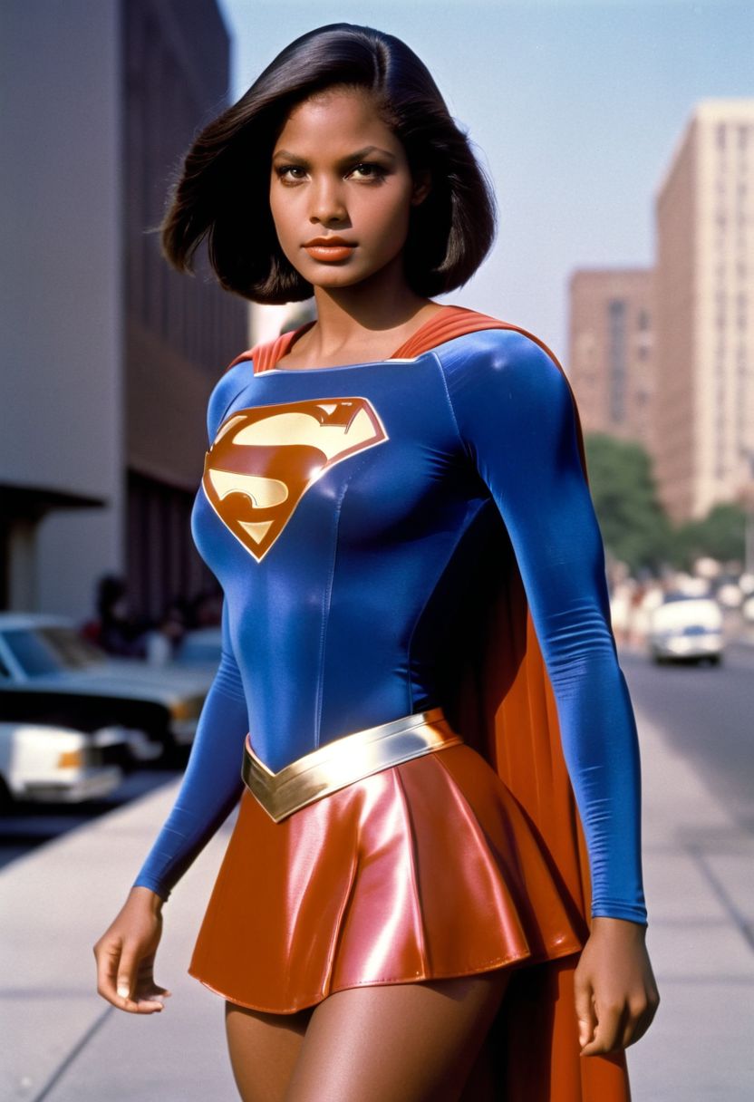 1980s Supergirl film costume, youthful raven-haired African-American Supergirl, facing forward, shiny voluminous smooth straight side-parting short bob haircut, Supergirl film 1980s, ultra-realistic photo, Hyperdetailed photography, sharp focus