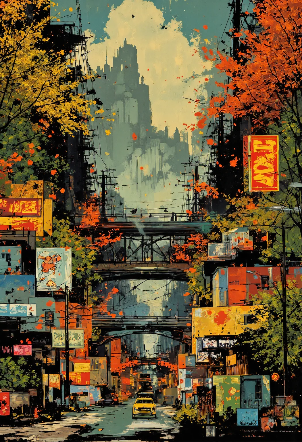 By Martin French. Create a vibrant and intricate illustration in the distinctive style of Martin French, featuring a bustling urban landscape filled with dynamic visual symbols and marks. The scene should capture the essence of Portland, Oregon, with its iconic bridges, lush greenery, and diverse architecture. Incorporate a blend of modern and vintage elements, using a rich color palette that evokes both the energy of the city and the tranquility of nature. Ensure the composition includes subtle, intricate details that reward close inspection, reflecting the artist's ability to transform everyday symbols into powerful, engaging visuals. The final piece should embody a sense of unity between artistic vision and cultural involvement, showcasing the interplay of marks, signs, and symbols that define Martin French's unique aesthetic. <lora:Martin_French:0.85>, aidmafluxpro1.1 <lora:aidmaFLuxPro1.1_v0.3:0.7>,  <lora:Luminous_Shadowscape:0.65>, Motion blur <lora:flux dtmh:0.6>, in the style of Jed-clrfl <lora:flux-colourful:0.5>