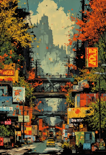 By Martin French. Create a vibrant and intricate illustration in the distinctive style of Martin French, featuring a bustling urban landscape filled with dynamic visual symbols and marks. The scene should capture the essence of Portland, Oregon, with its iconic bridges, lush greenery, and diverse architecture. Incorporate a blend of modern and vintage elements, using a rich color palette that evokes both the energy of the city and the tranquility of nature. Ensure the composition includes subtle, intricate details that reward close inspection, reflecting the artist's ability to transform everyday symbols into powerful, engaging visuals. The final piece should embody a sense of unity between artistic vision and cultural involvement, showcasing the interplay of marks, signs, and symbols that define Martin French's unique aesthetic. <lora:Martin_French:0.85>, aidmafluxpro1.1 <lora:aidmaFLuxPro1.1_v0.3:0.7>, <lora:Luminous_Shadowscape:0.65>, Motion blur <lora:flux dtmh:0.6>, in the style of Jed-clrfl <lora:flux-colourful:0.5>
