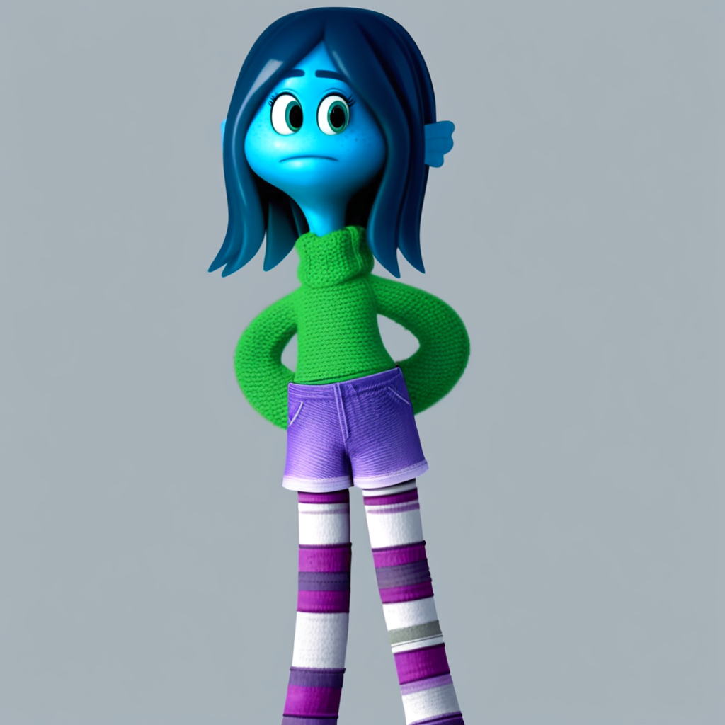 score_9, solo, Rgill, blue hair, blue skin, sweater, shorts, striped pantyhose