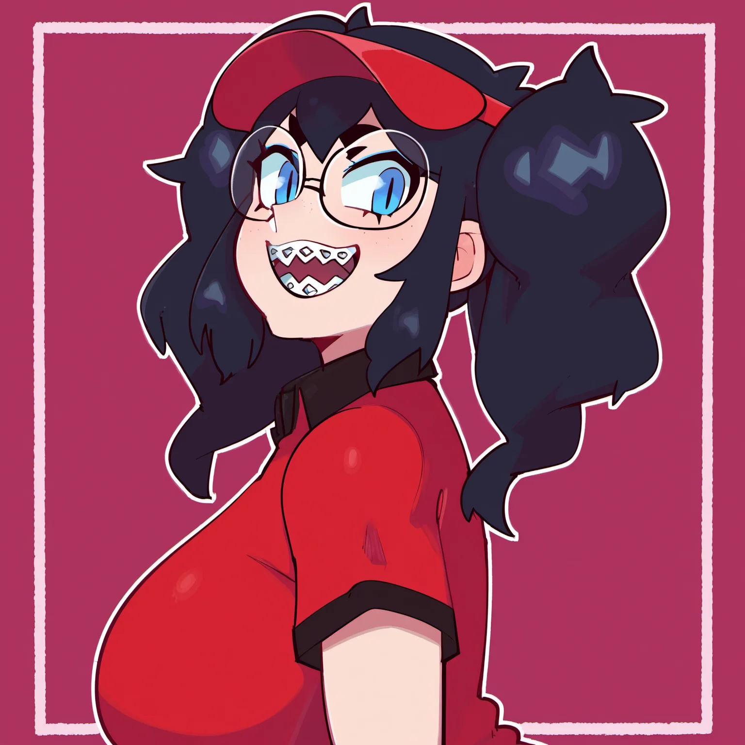 t1ps woman, twintails, glasses, blue eyes, t1ps teeth, pt shirt, braces, close up, pt visor, from side <lora:tips_r128_02_resized:1>
