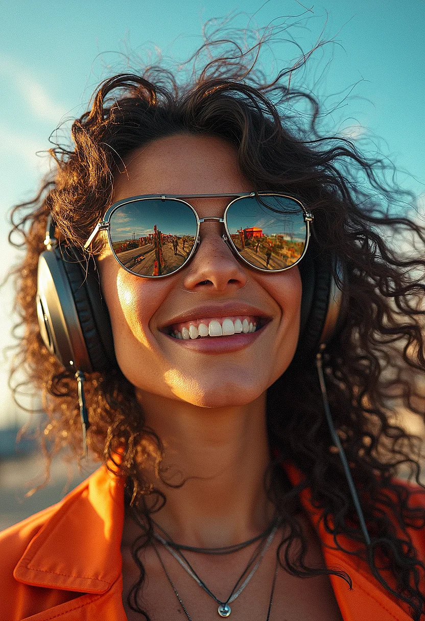 photorealistic photography of a woman with bouncy curly hair, wearing reflective aviator sunglasses and oversized headphones, wind sweeping through her hair, confident and joyful expression, clear blue sky with dynamic clouds, ultra-detailed rendering, photorealistic textures in her jacket and accessories, vibrant and lively color palette, hyper-realistic skin with natural freckles, dynamic lighting, cinematic composition, detailed reflections in the sunglasses, lively urban background, glowing sunlight, dynamic movement, modern and upbeat vibe, warm tones
The woman characteristic are dark skinned, long eyelashes, thick lips, thick eyebrows, tall, beautiful large round eyes, large breasts, long hair, two toned colored hair, extremely long bangs, brown eyes. She is wearing a JBL wireless headphones, necklace, ring, neck tattoo, piercing, bracelet, fake nails,
extremely intricate details, cinematic lighting and effects, dynamic pose, extremely intricate background details, solar flare, light reflection from aviator sunglasses.
The woman looking at viewer smiling.