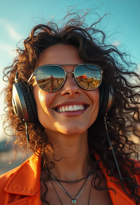 photorealistic photography of a woman with bouncy curly hair, wearing reflective aviator sunglasses and oversized headphones, wind sweeping through her hair, confident and joyful expression, clear blue sky with dynamic clouds, ultra-detailed rendering, photorealistic textures in her jacket and accessories, vibrant and lively color palette, hyper-realistic skin with natural freckles, dynamic lighting, cinematic composition, detailed reflections in the sunglasses, lively urban background, glowing sunlight, dynamic movement, modern and upbeat vibe, warm tones
The woman characteristic are dark skinned, long eyelashes, thick lips, thick eyebrows, tall, beautiful large round eyes, large breasts, long hair, two toned colored hair, extremely long bangs, brown eyes. She is wearing a JBL wireless headphones, necklace, ring, neck tattoo, piercing, bracelet, fake nails,
extremely intricate details, cinematic lighting and effects, dynamic pose, extremely intricate background details, solar flare, light reflection from aviator sunglasses.
The woman looking at viewer smiling.