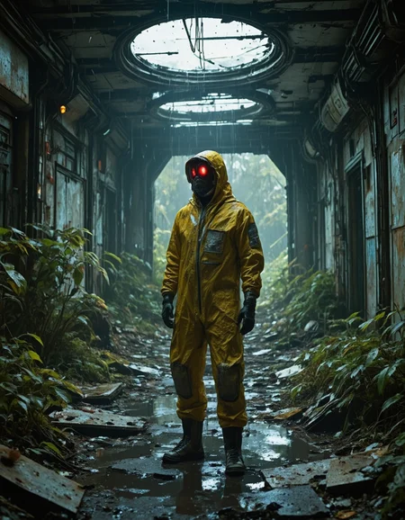 <lora:SWL_Stations1v2flux:1> loststsp, in space, indoors, abandoned, office, wet, lights, dirty, messy, collapsed, station, wires, red lights, dirty yellow chemical risk protection suit dressed man, cyberpunk, photo, shattered, cracked walls, vegetation, dirty,