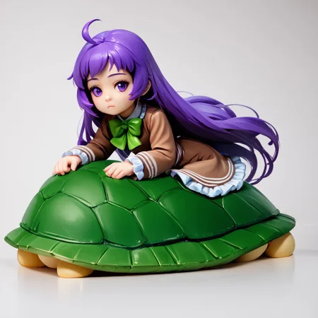 (score_9, score_8_up:1.1), score_7_up, (((realistic, photorealistic))), BanubeeFriends(Tetsu), 1girl, solo, full body, figure, three-quarter angle, dramatic angle, medium breast, vivid lighting white trim, white background, flat ground, full body, Ziru, 1girl, ahoge, very long hair, purple eyes, purple hair, closed mouth, expressionless, green_bowtie, long sleeves, brown dress, frilled dress, green shell, >_<, riding, stuffed_animal, turtle, on stomach,