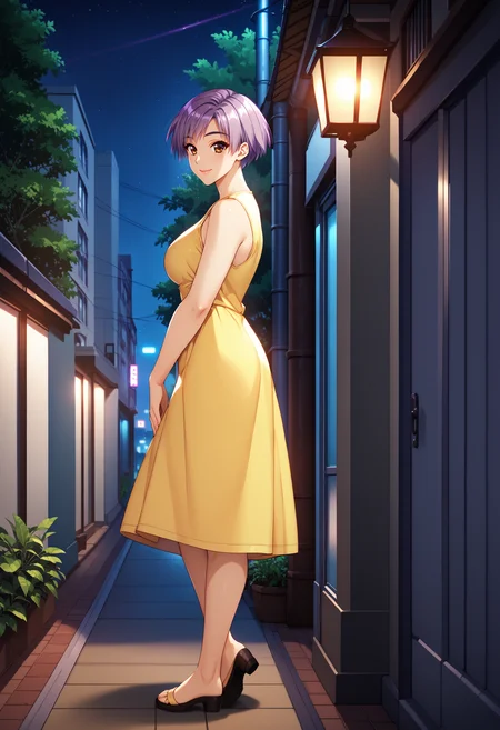 score_9, score_8_up, score_7_up, BREAK   <lora:SatomiKo:1> ,saatomi, 1girl,brown eyes,purple hair,short hair,medium breasts,yellow dress,night,outdoors, cityscape, trees, greenery, standing, full body shot, looking at viewer, smile, side view, <lora:g0th1c2XLP:1>