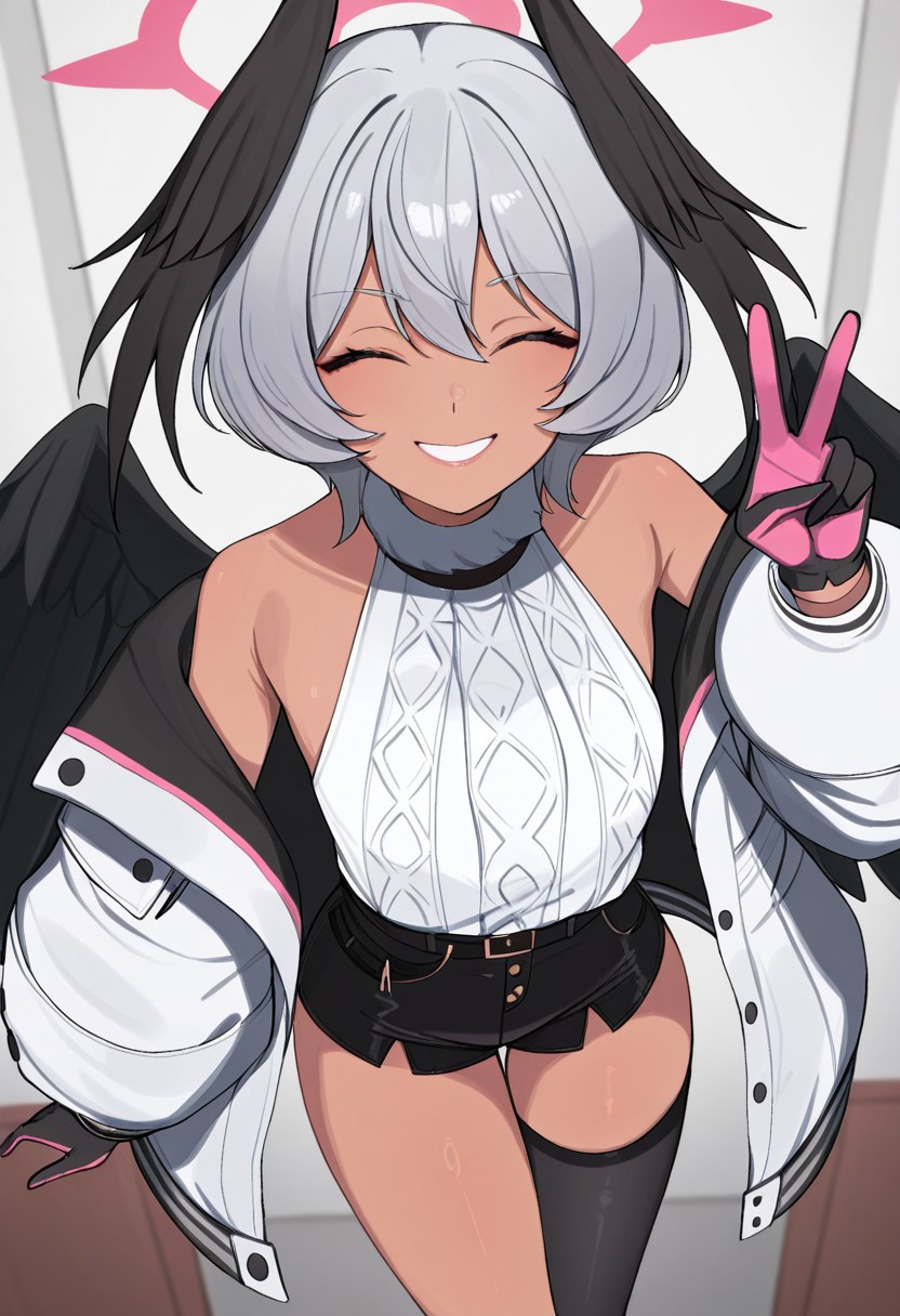 waku2kitchen, best quality, masterpiece, hires, solo, 1girl, closed eyes, lips, smile, grey hair, pose, v, grey dark-skinned female, bare shoulders, baggy jacket, black feather wings, high-waist_shorts, dual-colored gloves, pink gloves, asymmetrical thigh-highs