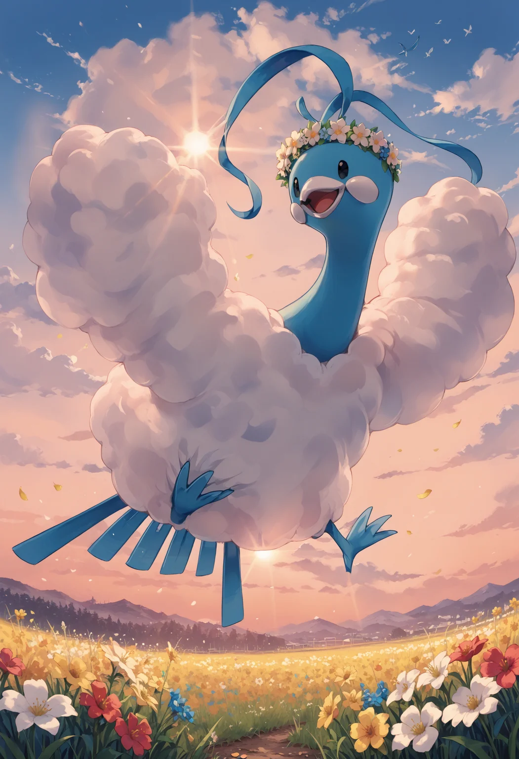 score_9, score_8_up, score_7_up, source_anime BREAK
flowers, field of flowers, grass, sunset, evening, sunbeam, lens flare, flower petals
ALT4R14, black eyes, blue feathers, white cloud-like wings, white beak, white cheek patches, bird, blue bird feet, bird tail, animal focus, 2 blue headfeathers
floating, happy, wearing flower crown
no humans <lora:Altaria:1>