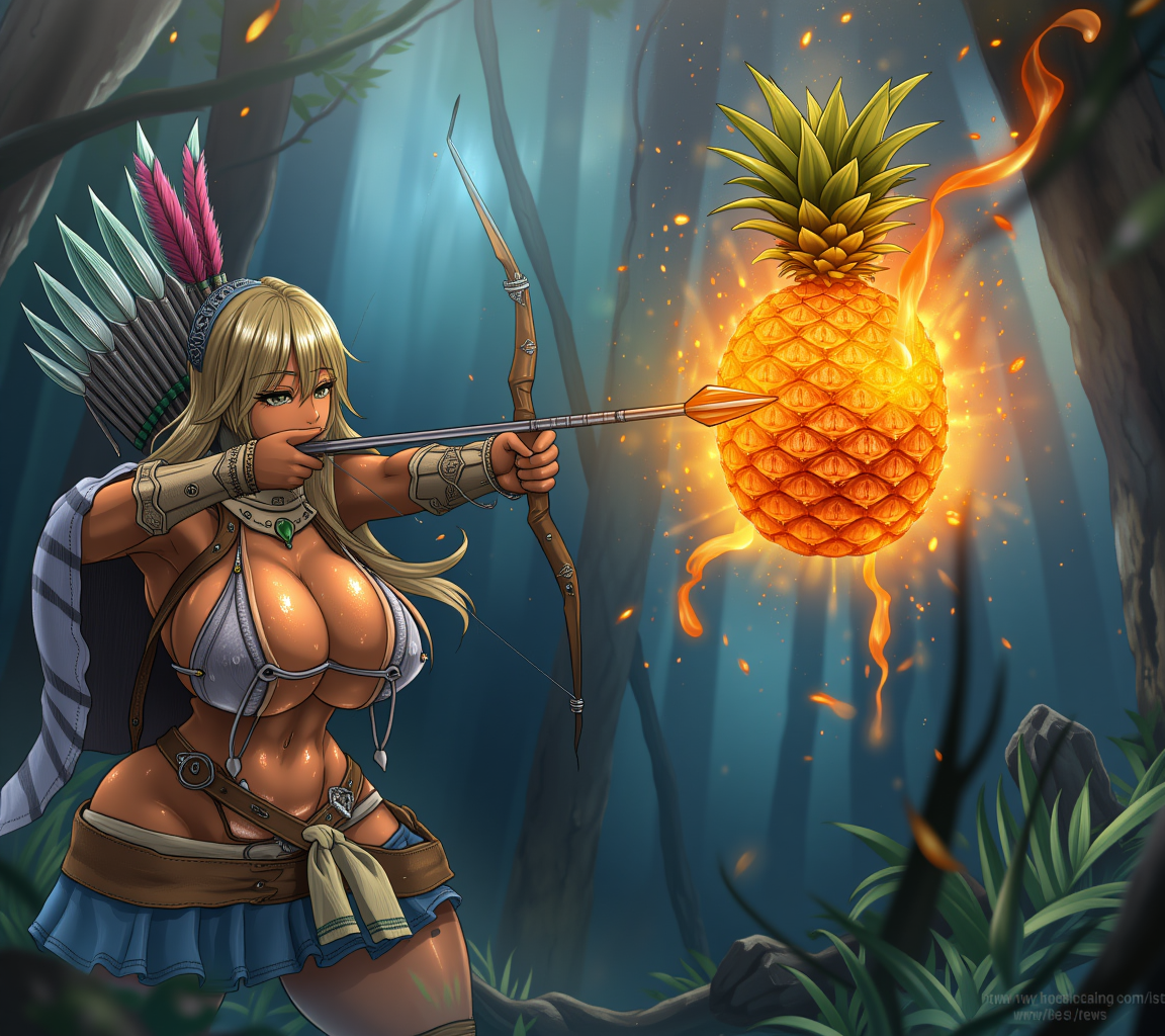rebis, the archery girl is shooting a flaming arrow towards a pineapple