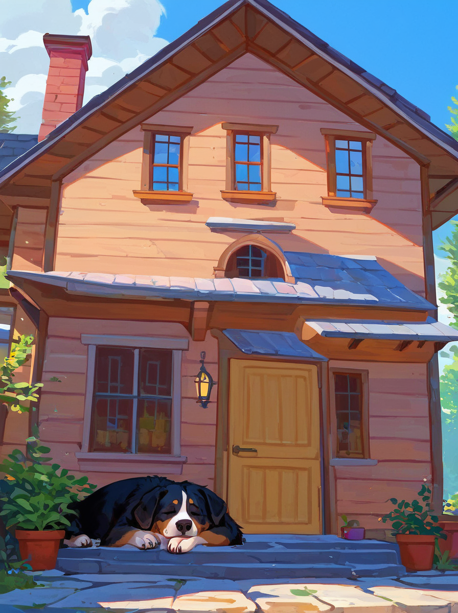 score_9, score_8_up, score_7_up, PDXL,  <lora:Bernese_0010:1>, ((animal, dog)), bernese mountain dog, 
sleeping on the front porch of a house