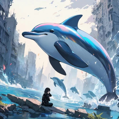 (anime), 1girl, city ruin, black hair, black diver suit, dolphins, iridescent, masterpiece, score_9