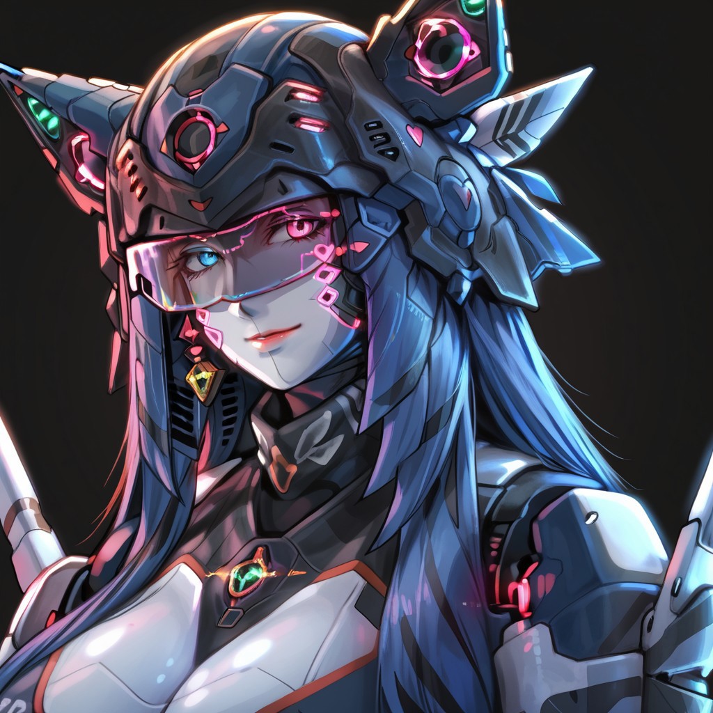 uaf-character, |||, solo, uaf_redblue_backlight, robot, glowing, smile, no humans, breasts, black background, helmet, mecha, upper body, humanoid robot, uaf_neuko, uaf-portrait, 1girl, animal ears, uaf_red_blue_ilumination, simple background, 80swa, Expressiveh, score_9,score_8_up,score_7_up,  8k, hd , ultra realistic, hyper realistic, detailed face, natural huge breasts, beautiful woman's face, <LoRA: uafPortraits-000110>, <LoRA: uaf Wt: 1>, pureerosface_v1, (PureErosFace_V1:0.8)