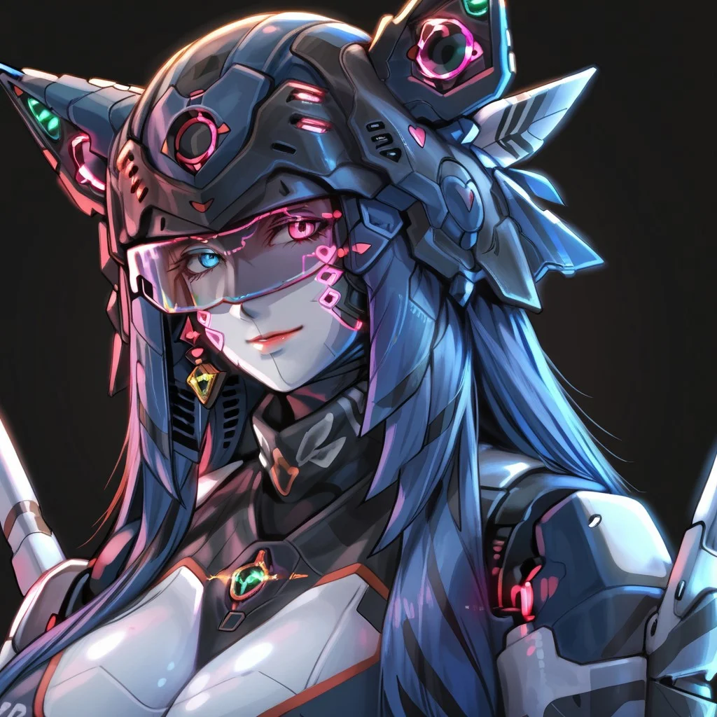 uaf-character, |||, solo, uaf_redblue_backlight, robot, glowing, smile, no humans, breasts, black background, helmet, mecha, upper body, humanoid robot, uaf_neuko, uaf-portrait, 1girl, animal ears, uaf_red_blue_ilumination, simple background, 80swa, Expressiveh, score_9,score_8_up,score_7_up, 8k, hd , ultra realistic, hyper realistic, detailed face, natural huge breasts, beautiful woman's face, <LoRA: uafPortraits-000110>, <LoRA: uaf Wt: 1>, pureerosface_v1, (PureErosFace_V1:0.8)