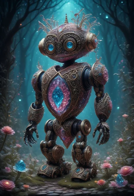 manuka robot made of crystals, meets alice in wonderland, intricate details, 8k
