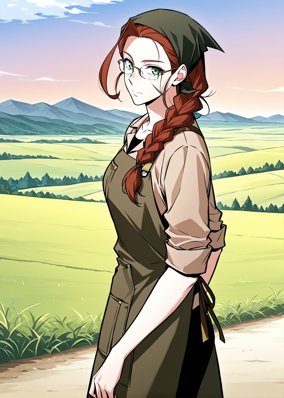 <lora:Eileen_Makefield__Omniscient_Readers_Viewpoint__Illustrious:1>
1 girl, solo, green eyes, red hair, brown hair, braid, single braid, long hair, freckles, head scarf, hair over shoulder, scar on face, braided ponytail,
black shirt, brown shirt, collared shirt, glasses, bandana, brown apron, collarbone, brown boots, sleeves rolled up, 
score_9, score_8_up, score_7_up, source anime, BREAK, cowboy shot, (from side), looking back, looking at viewer, overlooking mountain, high altitude, scenery, exterior, background, (solo), perfect hands