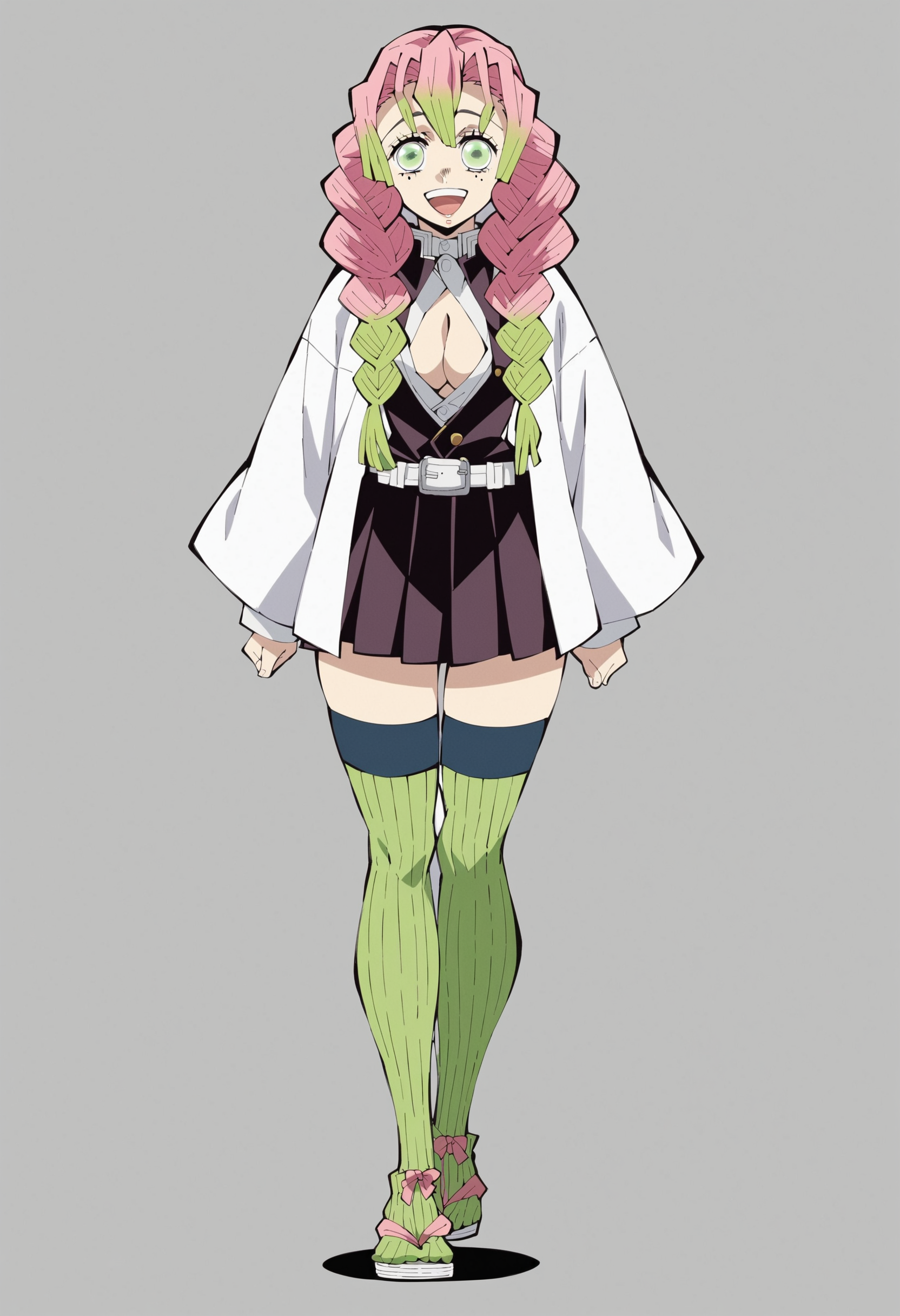 score_9, score_8_up, score_7_up, score_6_up, score_5_up, score_4_up,source_anime,   <lora:M1tsur1Kanr0j1XL_Pony_v1:1> m1tsur1kanr0j1, pink hair, braid, long hair, green eyes,white outfit,cleavage,mole under eye,smile,full body,green legwear,black skirt