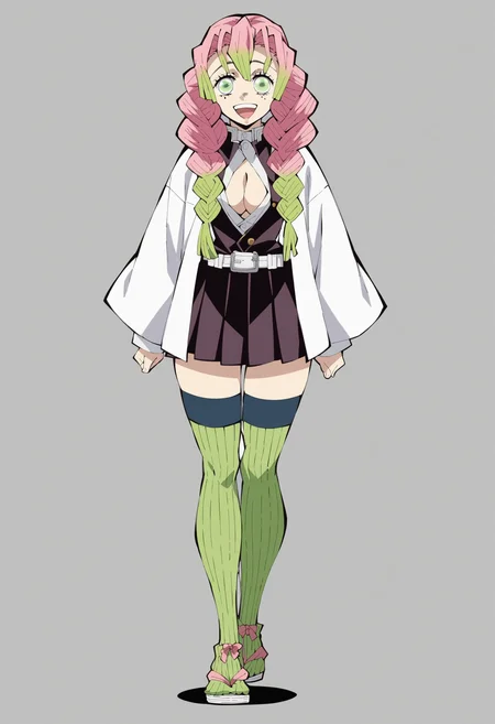 score_9, score_8_up, score_7_up, score_6_up, score_5_up, score_4_up,source_anime, <lora:M1tsur1Kanr0j1XL_Pony_v1:1> m1tsur1kanr0j1, pink hair, braid, long hair, green eyes,white outfit,cleavage,mole under eye,smile,full body,green legwear,black skirt