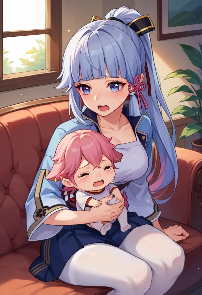 score_9, score_8_up, score_7_up, source_anime, 
BREAK indoors, couch, 
BREAK <lora:genshin-ayaka-kamisato-ingame-ponyxl-lora-nochekaiser:0.8>, ayaka kamisato, blunt bangs, blue eyes, blue hair, hair ornament, hair ribbon, hair tubes, long hair, ponytail, tress ribbon, sitting, 
sweat, sweatdrop, heavy breathing, holding baby, white pantyhose, 
BREAK yae miko, pink hair, baby, crying, open mouth,
