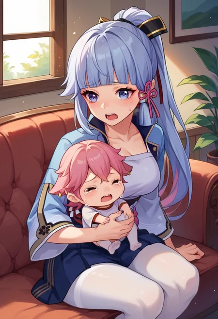 score_9, score_8_up, score_7_up, source_anime, 
BREAK indoors, couch, 
BREAK <lora:genshin-ayaka-kamisato-ingame-ponyxl-lora-nochekaiser:0.8>, ayaka kamisato, blunt bangs, blue eyes, blue hair, hair ornament, hair ribbon, hair tubes, long hair, ponytail, tress ribbon, sitting, 
sweat, sweatdrop, heavy breathing, holding baby, white pantyhose, 
BREAK yae miko, pink hair, baby, crying, open mouth,