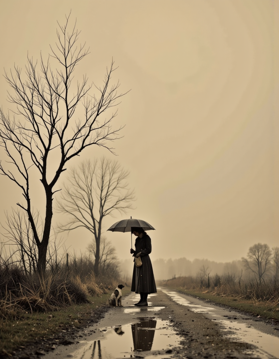 This is a sepia photograph depicting a minimalist, melancholy scene showing a woman standing on a dirt road in the rain, holding an umbrella over a small dog while she gets wet. The dog, sitting quietly at her side, stays dry. The background features an overcast sky and sparse, leafless trees, creating a somber, nostalgic mood.