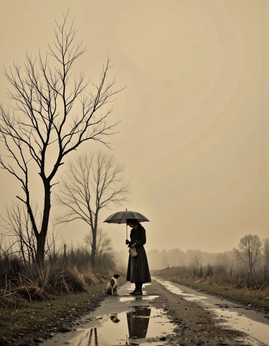 This is a sepia photograph depicting a minimalist, melancholy scene showing a woman standing on a dirt road in the rain, holding an umbrella over a small dog while she gets wet. The dog, sitting quietly at her side, stays dry. The background features an overcast sky and sparse, leafless trees, creating a somber, nostalgic mood.