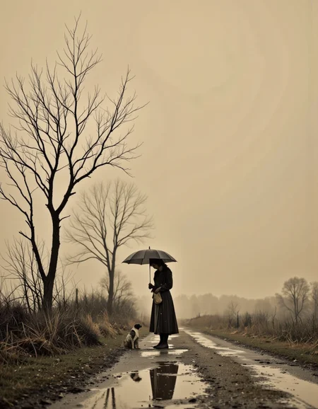 This is a sepia photograph depicting a minimalist, melancholy scene showing a woman standing on a dirt road in the rain, holding an umbrella over a small dog while she gets wet. The dog, sitting quietly at her side, stays dry. The background features an overcast sky and sparse, leafless trees, creating a somber, nostalgic mood.