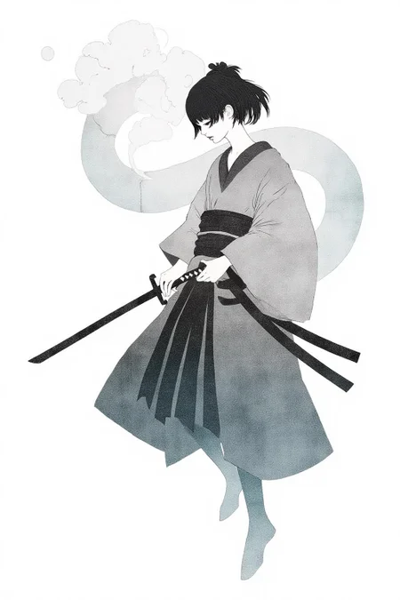 kchiba1 illustration.
A female Japanese samurai warrior wielding a katana, blending form with reality. Glitching the surreal with blurred dreams on a white background. Woven light fuses delicatly with whispering shimmers creating a eyecatching and masterpiece artwork. drifting fog, cracked light and smokey haze in floating threads finishes the dreamlike reality. The background is stark white <lora:kchiba1_cap_d6a3:1.0><lora:837669543859089152:0>