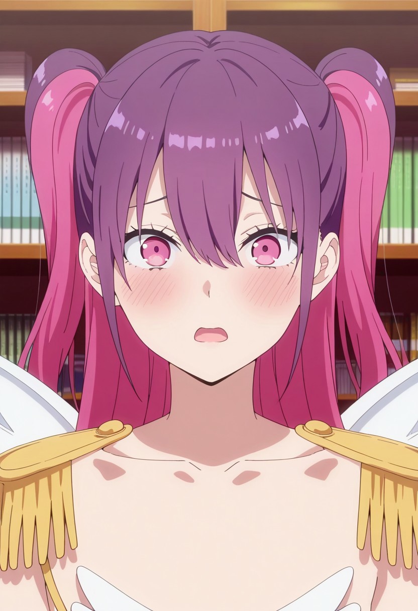 masterpiece,best quality,amazing quality, tachibana mikari, long hair, pink hair, purple hair, multicolored hair, pink eyes, two-tone hair, 1girl, solo, epaulettes, blush, open mouth, two side up, looking at viewer, collarbone, bookshelf, hair between eyes, wings, portrait