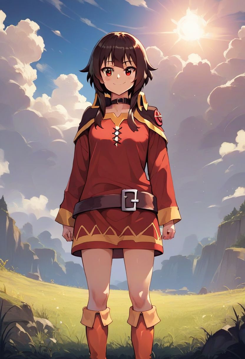 score_9, score_8_up, score_7_up, solo, dramatic lighting,  detailed, high resolution, fantasy, adventure, grass, sun, blue sky, clouds, , smile, master piece, standing,
1 girl, cute face, Megumin