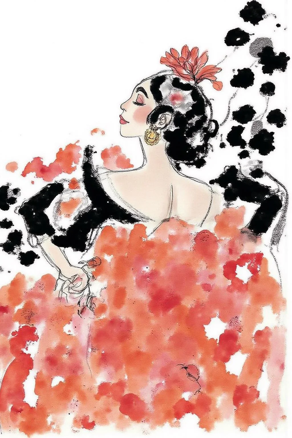 hugop1 illustration.
Watercolor illustration depicts the back view of a flamenco dancer in a dynamic pose. The dancer is turning her head, facing sideway with her eyes closed. She has a slender, athletic build, her body arched gracefully. Her dark hair is styled in an elegant updo adorned with a vibrant red flower, adding to the flamenco aesthetic.
<lora:hugop1_cap_d6a3e12:1.0><lora:824369773900189325:0>